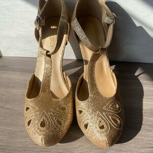 Gold Glitter Women's T-Strap Heels